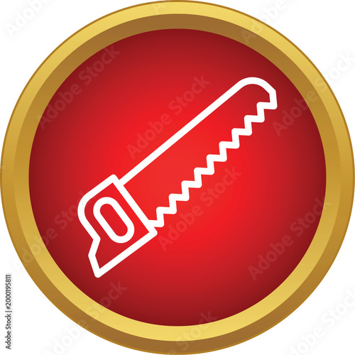 Hand saw pictogram on a red circle button, representing work and diy