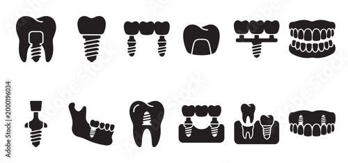 A collection of black and white vector icons illustrating various dental implants, crowns, bridges, and dentures on a white background.