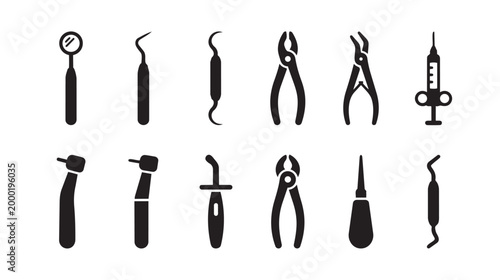 A collection of black flat icons depicting various dental instruments on a white background, including a mirror, probe, syringe, drill, and forceps.