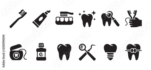 This collection features a variety of black and white vector icons related to dental hygiene and care, including toothbrushes, toothpaste, floss, and dental instruments.