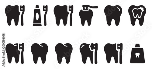 Black vector icons depict various stages of dental hygiene, including tooth brushing and toothpaste tubes, ideal for health and wellness content.