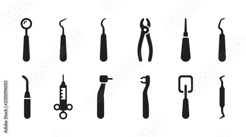 A collection of black silhouette icons of various dental instruments, including probes, explorers, mirrors, forceps, syringes, and drills, presented on a clean white background.