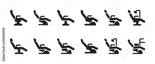 A collection of black silhouette icons representing dental chairs in various positions and configurations, perfect for medical or dental industry concepts.