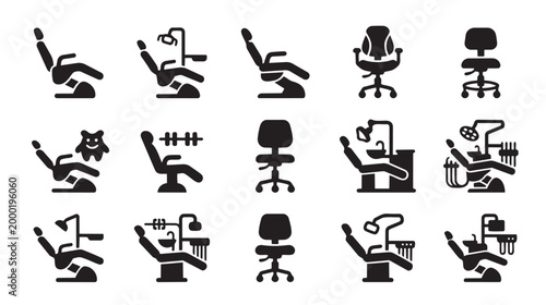 A collection of black vector icons representing different dental chairs and dental stools, isolated on a white background for easy use.