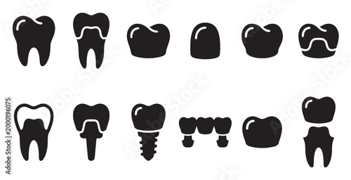 A collection of simple black and white silhouette icons representing various teeth and dental prosthetics, ideal for medical and healthcare presentations.