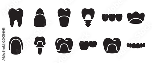 A clean, minimalist graphic design featuring a collection of black silhouette icons representing various dental procedures and prosthetics on a white background.