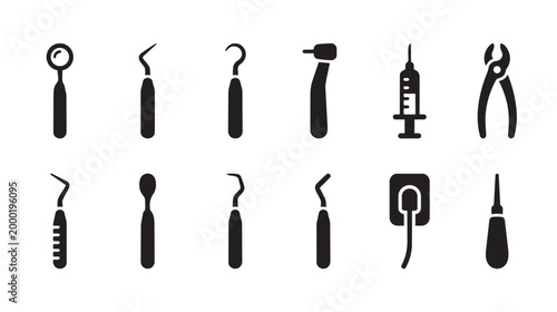 A clean, minimalist collection of black icons representing various dental instruments, including a mirror, probes, drill, syringe, and forceps, isolated on a white background.