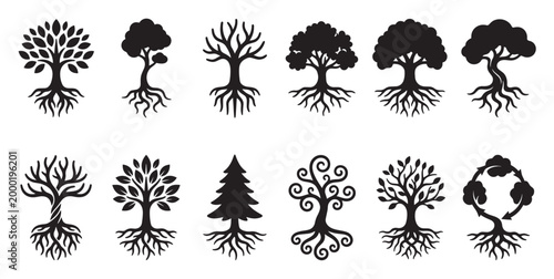 A compilation of diverse black tree silhouettes, showcasing various styles from classic to abstract, all featuring prominent roots and branches against a white background.