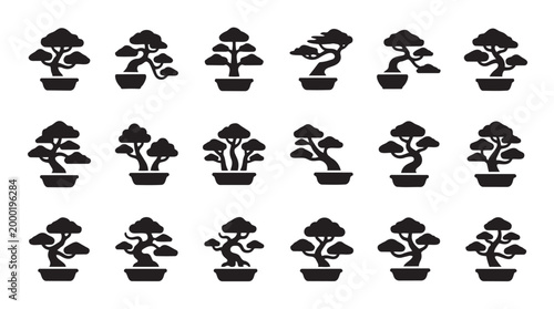 A collection of black silhouette icons representing various styles of bonsai trees, each potted and distinct.