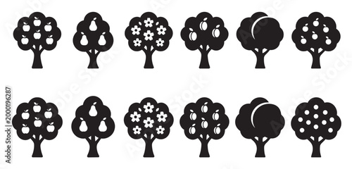A collection of minimalist black and white icons featuring various stylized trees, some bearing fruit like apples and plums, and others in bloom with flowers, all on a clean white background.