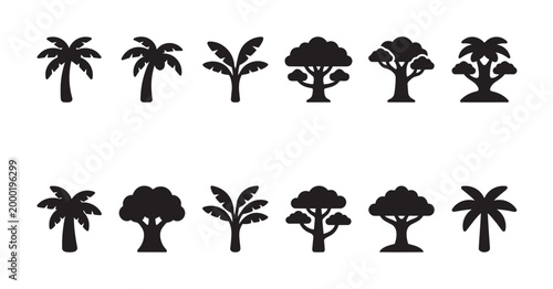 A collection of diverse black silhouette icons representing various tropical trees, including palm trees and broader leafy trees, isolated on a clean white background.