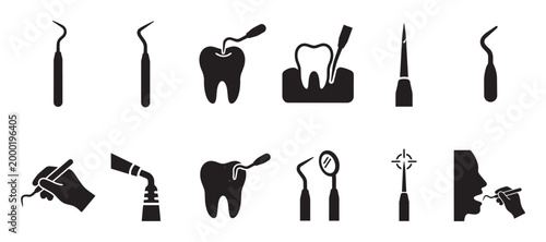 A collection of black and white vector icons illustrating various dental tools and procedures, including tooth examinations and treatments for healthcare and medical concepts.