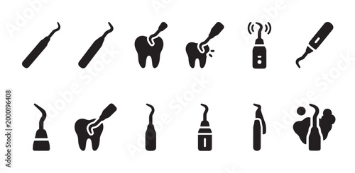 A collection of black silhouette icons depicting various dental tools and procedures, ideal for medical and dental concept designs.