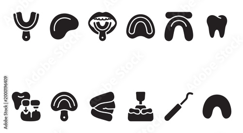 A collection of black and white icons representing dental tools, procedures, and anatomical elements used in oral healthcare and dentistry.