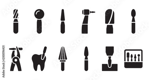Black silhouettes of various dental instruments and a tooth are arranged in two rows on a white background, representing oral hygiene and dental care.