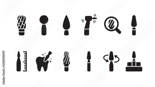 A collection of black silhouette icons depicting various dental instruments and procedures on a clean white background, suitable for medical and dental concepts.