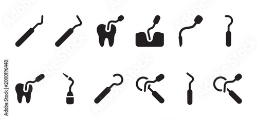 A collection of black and white minimalist icons representing various dental instruments and their use in treating teeth for oral hygiene and health.