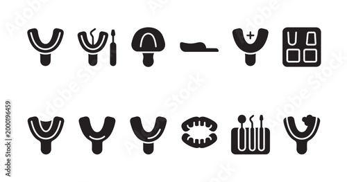A collection of black vector icons representing dental equipment and procedures like impression trays, dental tools, and a set of teeth.