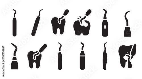 A collection of black silhouette icons representing various dental tools and teeth, ideal for medical or health-related designs.