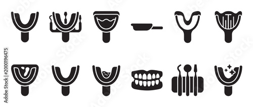A collection of black vector icons representing various dental impression trays, a tray with material, a tray with water, a dental tray with instruments, a set of teeth, and a sparkling clean tray.