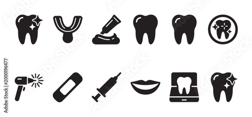 A collection of black vector icons representing various dental health services and tools, including teeth, dental tools, and smiles, on a white background.