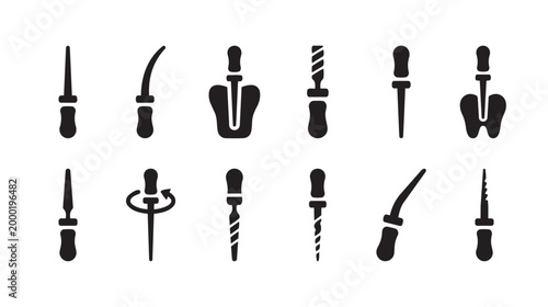 A collection of black silhouette icons representing various dental instruments, isolated on a clean white background, perfect for medical or dental design projects.