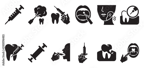 A collection of black and white icons illustrating dental procedures, pain, and treatments, including syringes, teeth, and mouths.