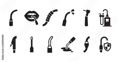 A collection of black vector icons representing various dental tools and procedures, set against a clean white background for versatile use in healthcare and medical design.