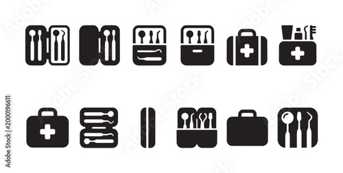 A graphic set featuring various icons of dental tools, kits, and a medical bag with a cross emblem, all in a clean, black and white style.