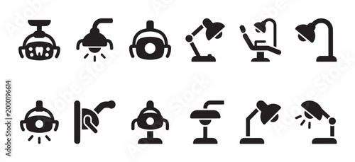 A clean vector illustration showcasing a collection of black silhouette icons for dental examination lamps and traditional desk lamps on a white background.