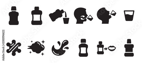 A collection of black silhouette icons illustrating the use of mouthwash, including bottles, pouring, rinsing, and fresh breath symbols.