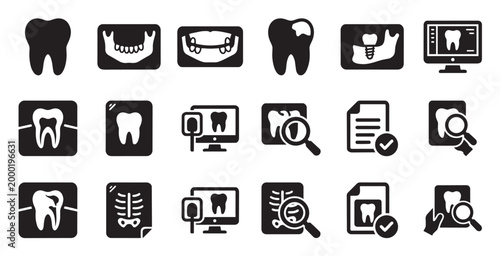 A collection of black and white icons representing various dental procedures and tools, including teeth, X-rays, and magnifying glasses, suitable for medical or dental websites.