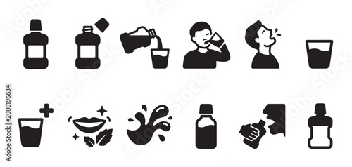 A set of simple black and white icons illustrating the use of mouthwash for oral hygiene, including bottles, pouring, rinsing, and a clean mouth.