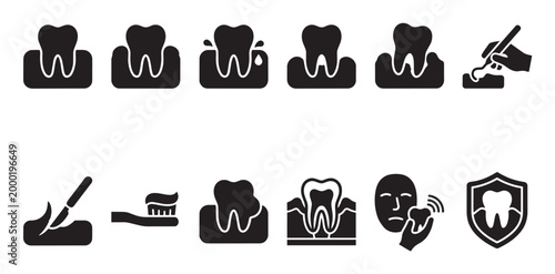 A collection of black and white graphic icons illustrating various aspects of dental health, including tooth anatomy, gum disease, dental procedures, and hygiene.