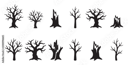 Collection of black silhouettes of bare trees and tree stumps against a white background, perfect for autumn or winter design elements.