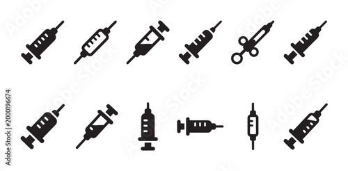 A black and white collection of diverse syringe icons, showcasing various medical injection tools for healthcare and science themes.
