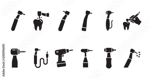 A clean graphic collection of black silhouette icons depicting various dental drills and tooth care tools, suitable for medical or dental marketing.