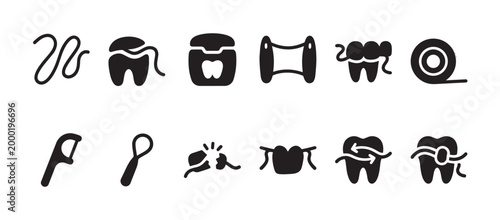 A collection of black and white vector icons representing various dental hygiene tools and concepts, including floss, toothbrushes, and cleaning actions.