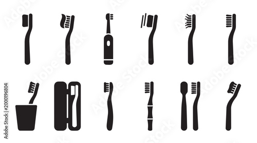 A collection of diverse black toothbrush icons, including electric and manual types, showcasing different designs and accessories like holders and travel cases, ideal for dental hygiene concepts.