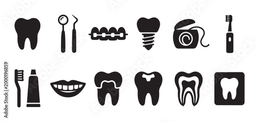 A clean, modern collection of black and white vector icons representing dental care, including teeth, tools, and hygiene products, perfect for medical or wellness content.