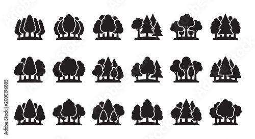 A clean, modern collection of black and white vector icons depicting various stylized forest scenes with different tree types and arrangements.