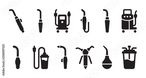 Collection of black icons representing various dental tools and equipment, including handpieces, units, and suction devices on a white background.