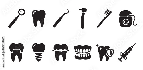 Collection of black and white simple vector icons representing dental care tools, teeth, and treatments for oral hygiene and dentistry.