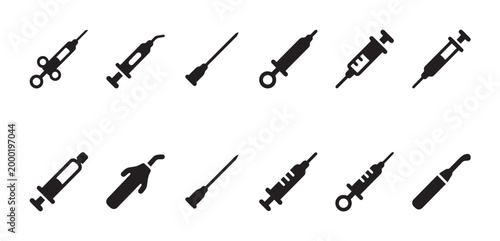 Collection of various black medical syringe icons and injection needle symbols presented in a clean, minimalistic, flat design style on a white background.