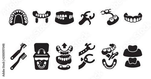 A graphic collection of black silhouette icons representing various dental elements, including dentures, implants, toothbrushes, and tools, on a clean white background.