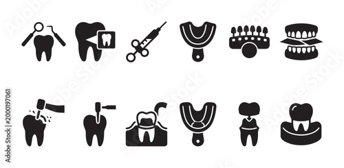 A collection of black silhouette icons representing various dental tools and procedures, perfect for medical and dental services.