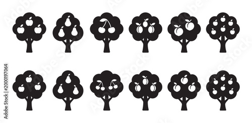Collection of stylized, graphic icons representing various fruit trees like apple, pear, cherry, and plum, depicted in solid black silhouettes on a clean white background.