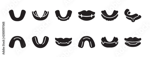 A collection of black silhouette icons depicting various types of sports mouthguards and stylized lips, representing dental protection and athletic gear.