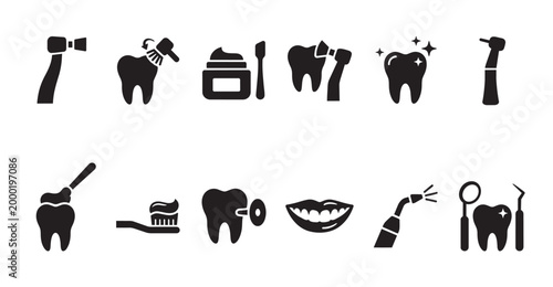 A black and white graphic collection illustrating various dental procedures, tools, and healthy teeth, perfect for medical and wellness concepts.