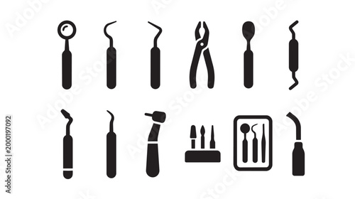 A collection of black silhouette icons representing various dental instruments and tools arranged in a clean, minimalist style on a white background.